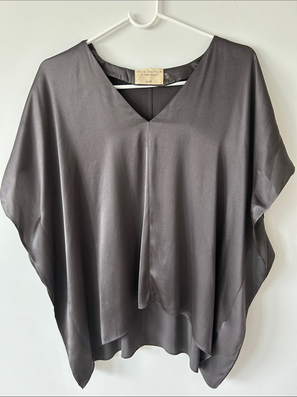 Alice + Olivia Air Nola Charcoal Grey Silk V-Neck Oversized Drape Blouse